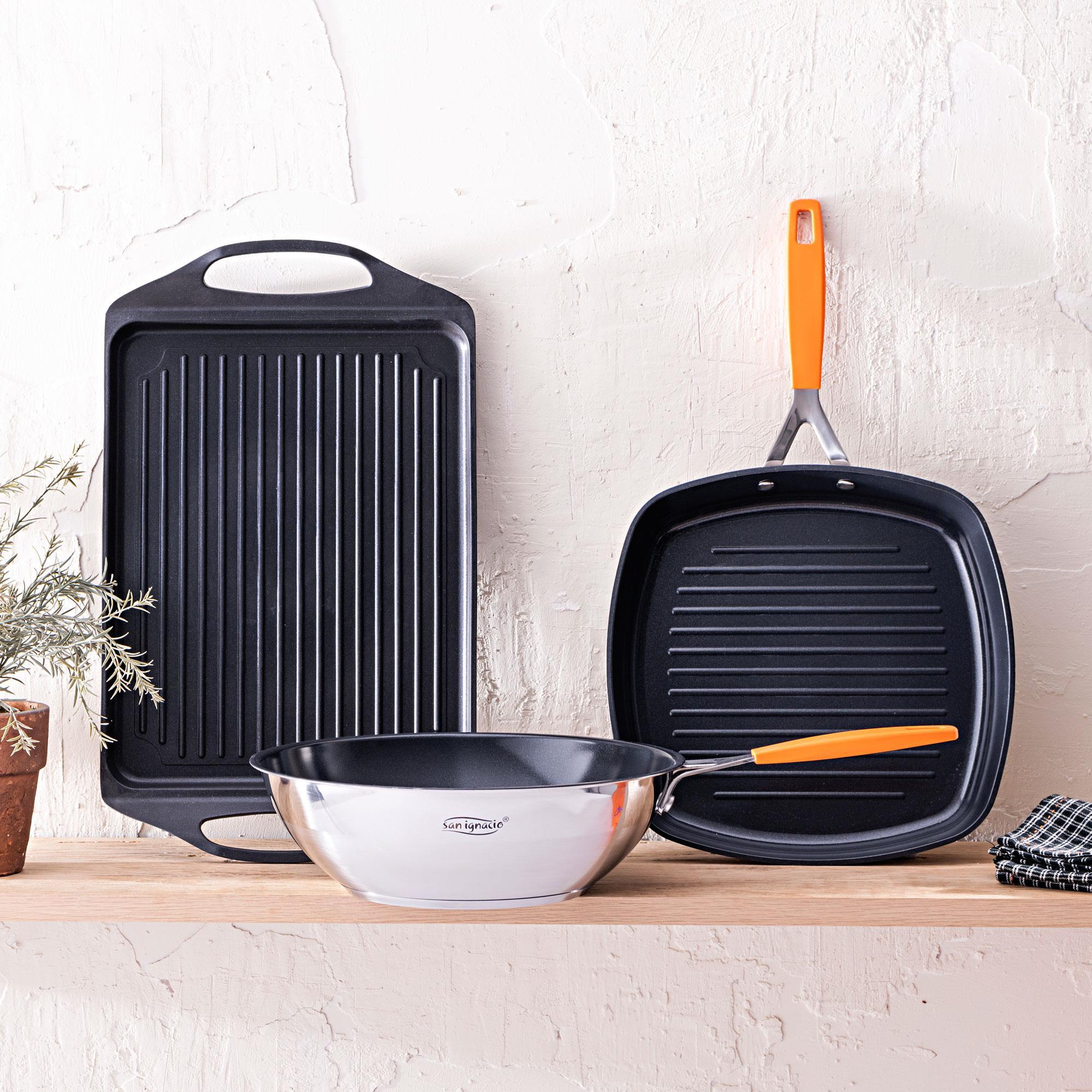 Juego de Sartén Asador 28x28cm + Wok Ø28cm en aluminio forjado para inducción COMPACT San Ignacio