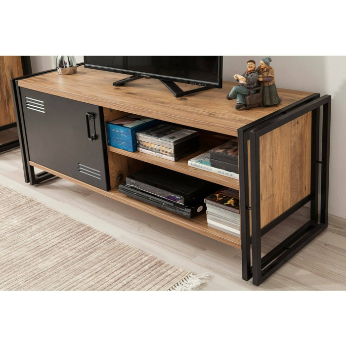 Mobile porta TV Cyprien, Credenza da soggiorno, Armadio basso per TV, Base parete attrezzata, 130x45h50 cm, Quercia e Nero