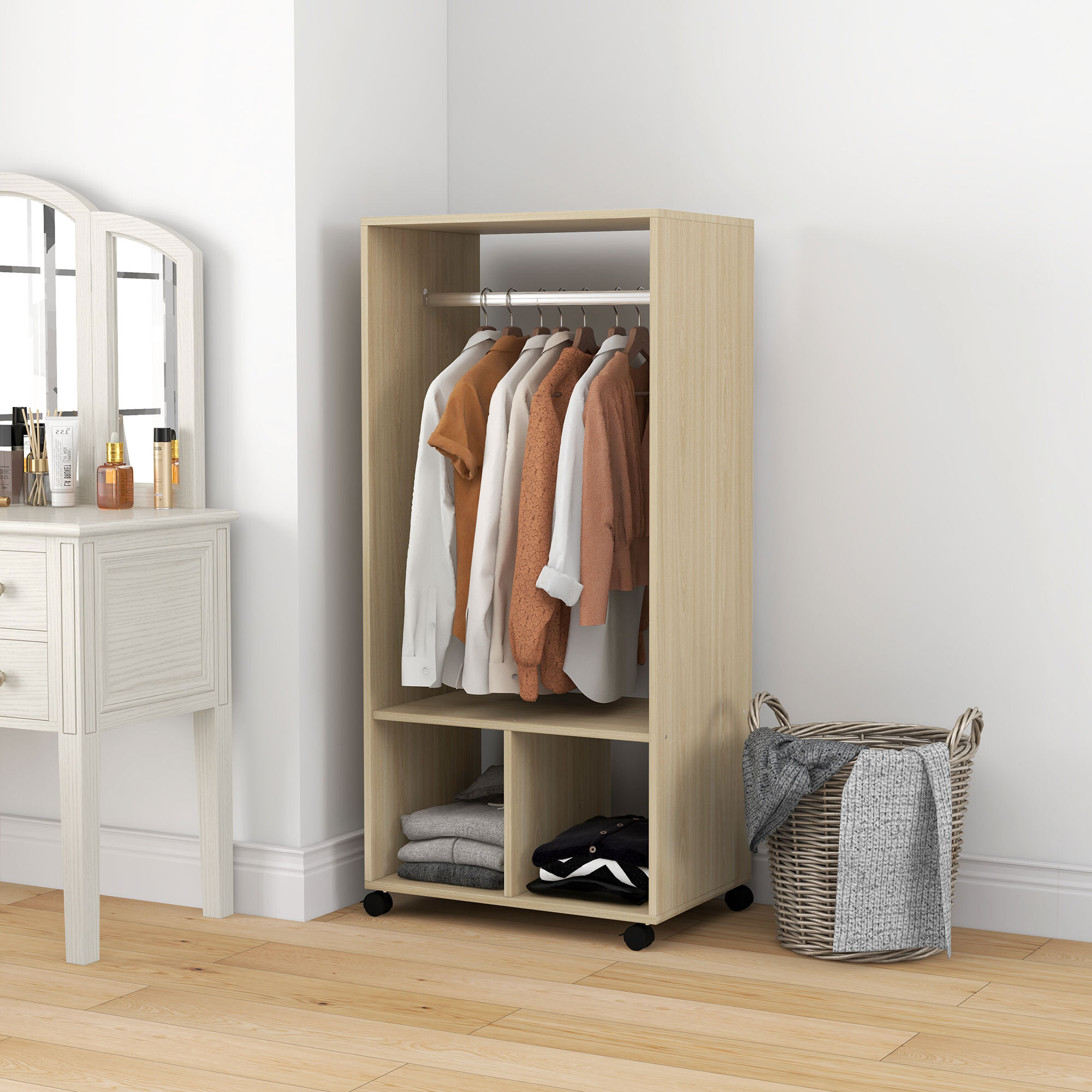 Armoire penderie étagère 2 niches penderie 4 roulettes pivotantes dim. 60L x 40l x 128H cm coloris chêne clair