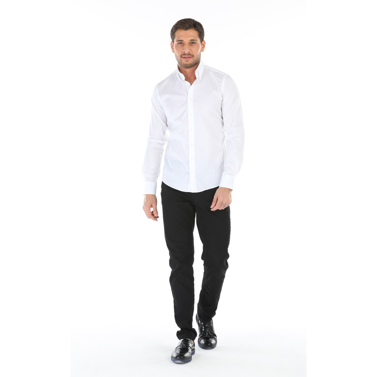 Camicia Uomo 2 Bottoni Button Down Slim Popeline Stretch Unito Bianco