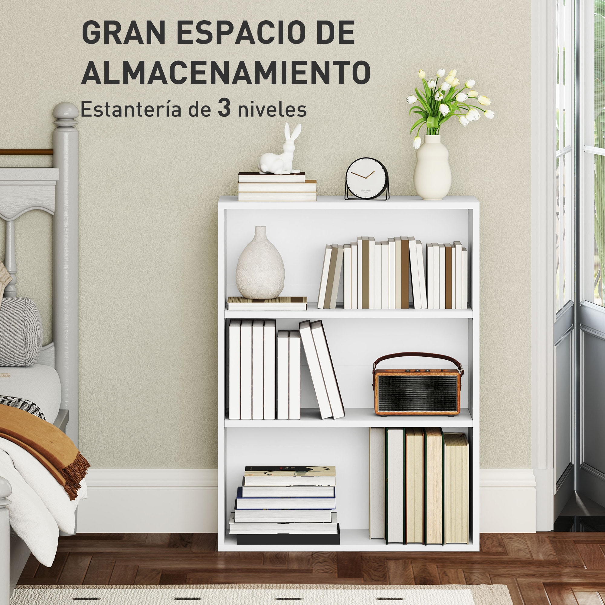 Librería de 3 Niveles Estantería de Libros con 2 Estantes Ajustables para Sala de Estar Oficina Dormitorio 60x24x80 cm Blanco