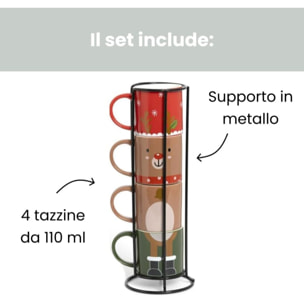 Intrecci – Set 4 tazzine da caffè natalizie in porcellana con supporto impilabile