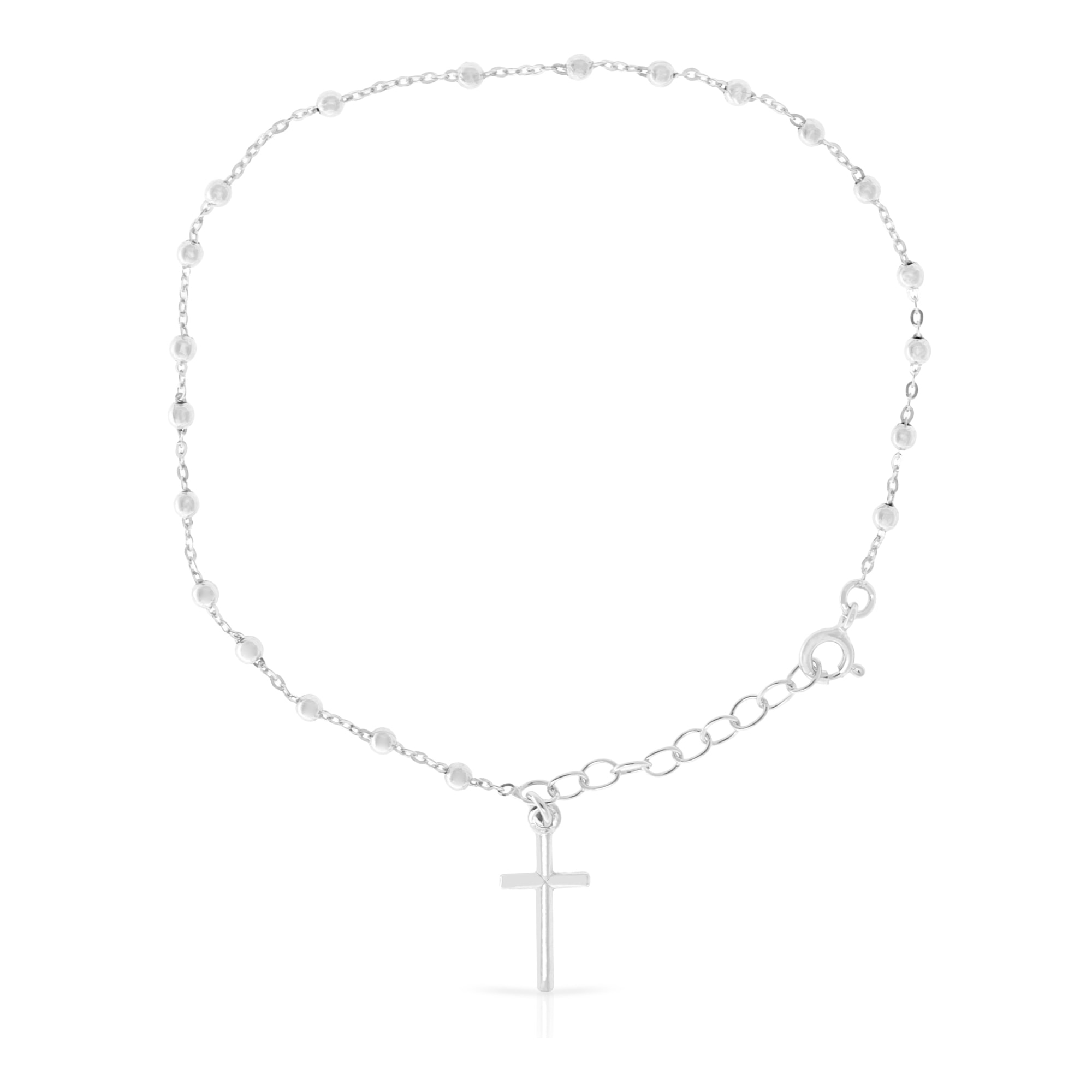 Pulsera Plata de Ley 925.Rosario de 21 esferas talladas.Colgante de Cruz.