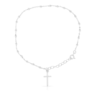 Pulsera Plata de Ley 925.Rosario de 21 esferas talladas.Colgante de Cruz.