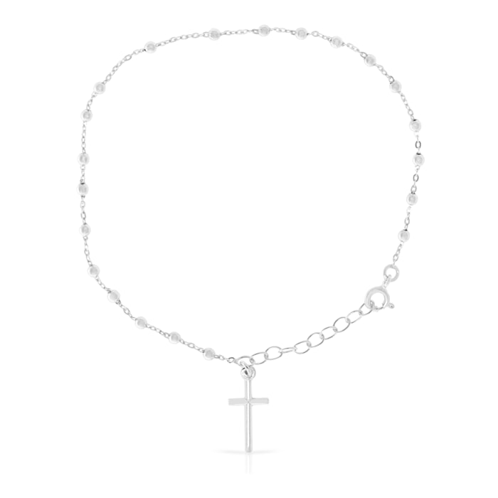 Pulsera Plata de Ley 925.Rosario de 21 esferas talladas.Colgante de Cruz.