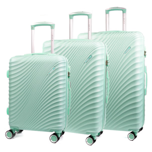 Set di 3 valigie Trolley in materiale ABS leggero e ad alta resistenza. Blocco numerico, 4 ruote girevoli a 360°.