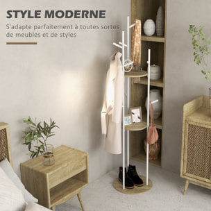 Porte-manteau design contemporain branches 2 étagères 9 patères Ø 40 x 167H cm aspect chêne clair acier blanc