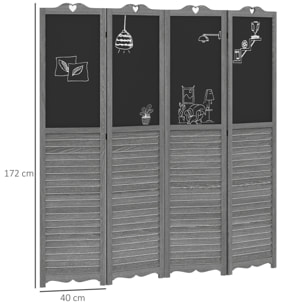 Biombo de 4 Piezas de Madera, Biombo Separador de Ambientes Plegable con Pizarras, Divisor de Habitaciones, Dormitorio, 162x172 cm, Gris y Negro