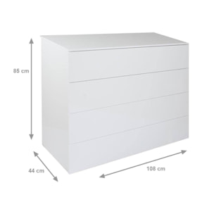 Comò a 4 cassetti, Settimanale moderno, Casettiera per camera da letto, cm 108x44h85, colore Bianco lucido