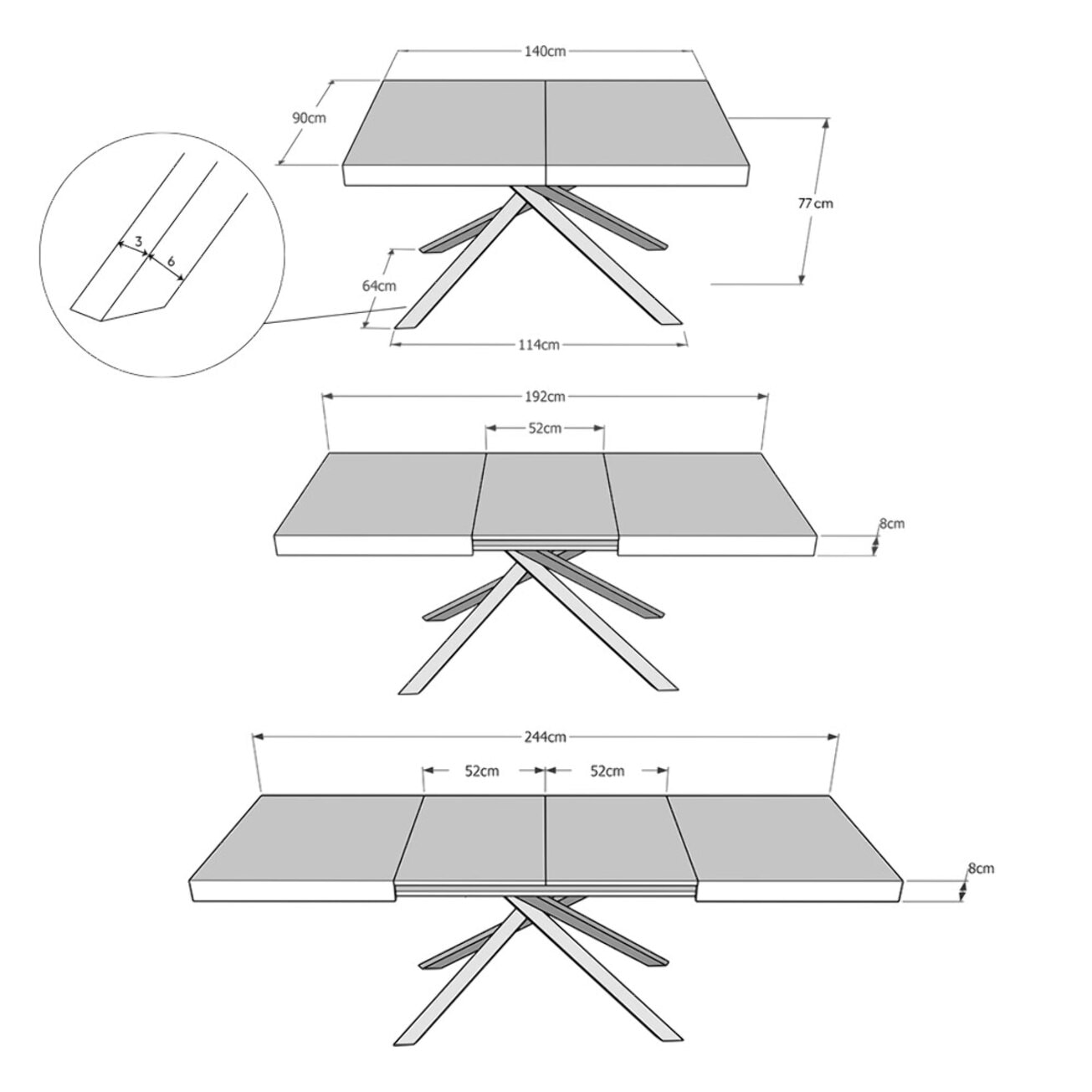 Mesa extensible 140x90/244 cm Karida Fresno Blanco estructura Antracita