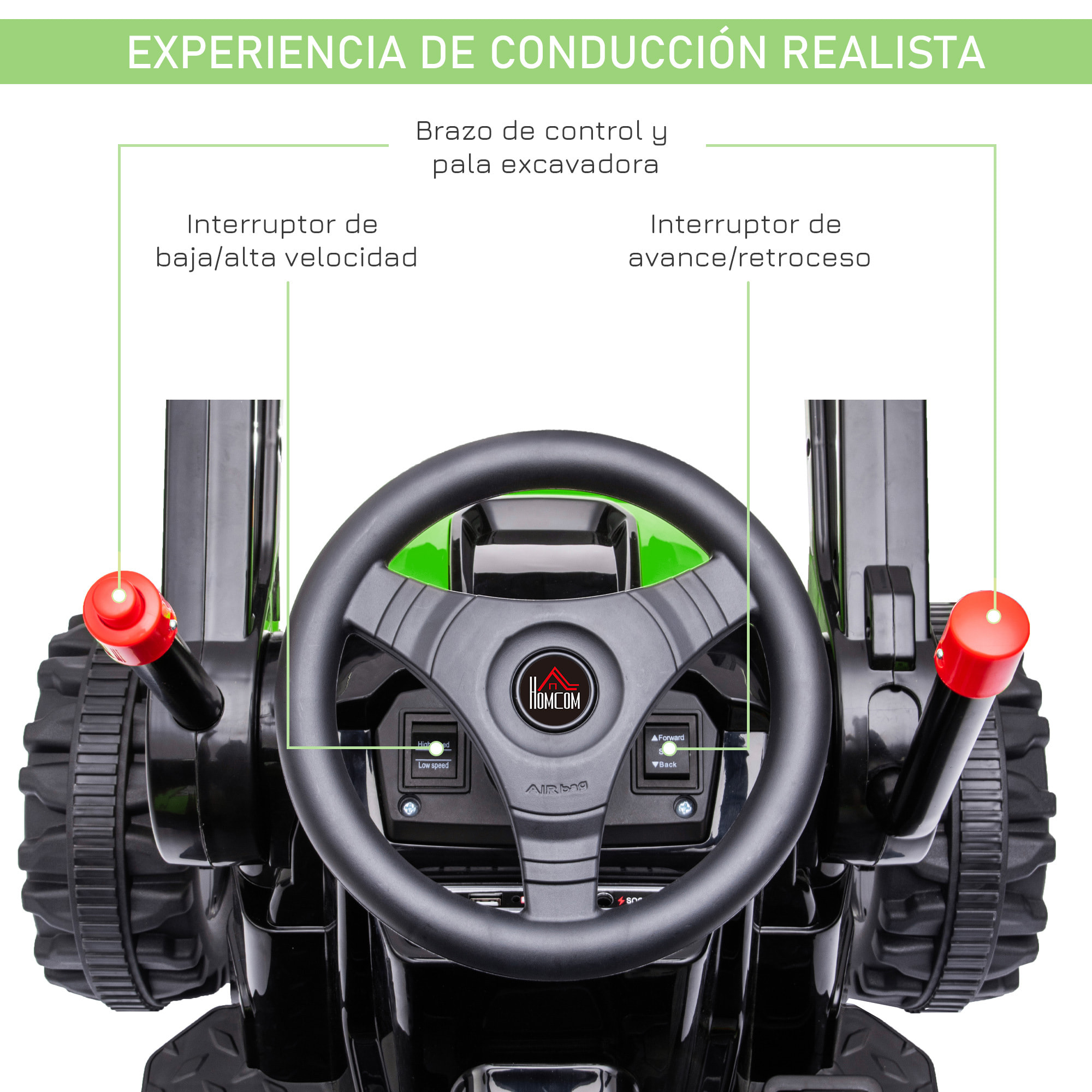 Tractor Excavadora Eléctrico Infantil +3 Años a Batería Música y Luces Verde