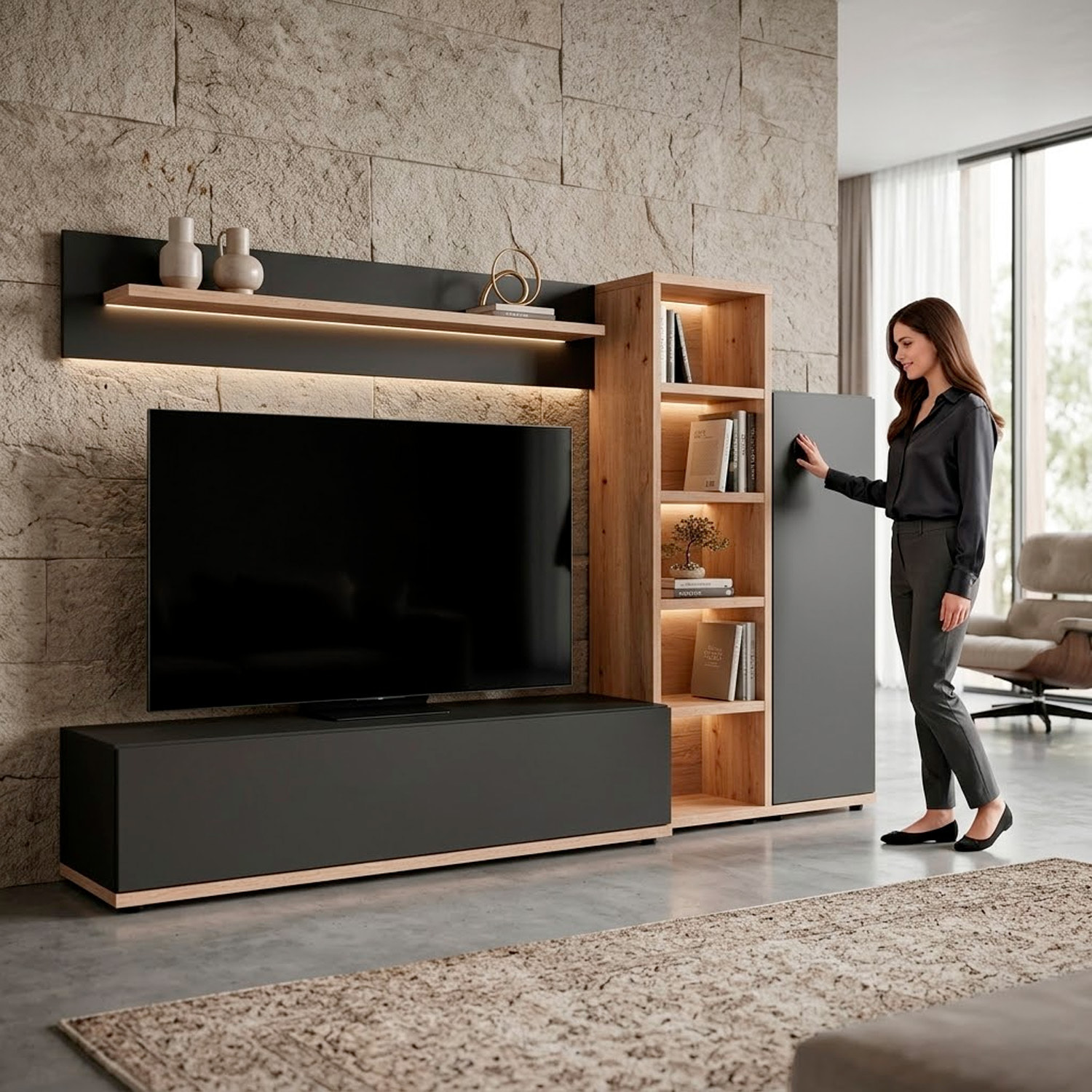 Parete Attrezzata Mobile TV Libreria Armadio Mensola Vani Multifunzione Design Contemporaneo Living Arredo Casa 240 x 40 x 127 Cm Antracite E Rovere