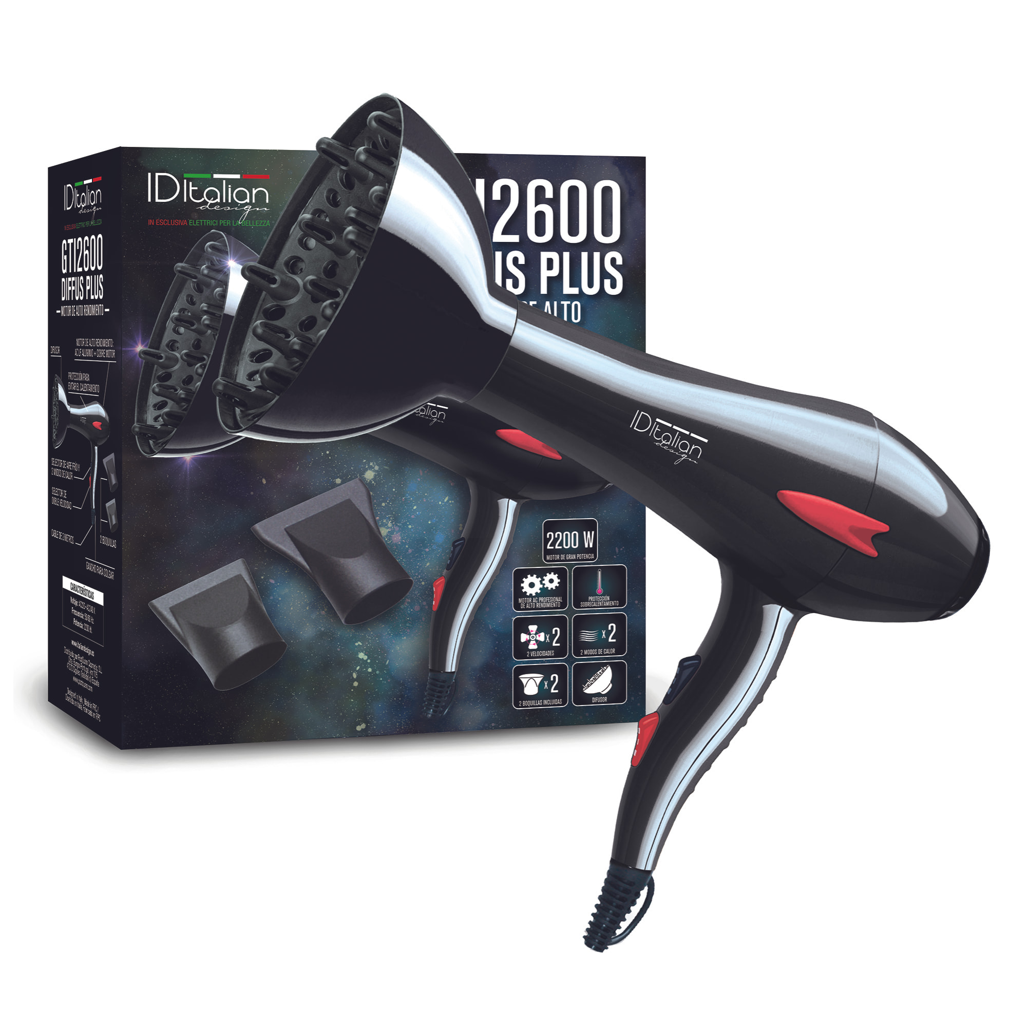 Asciugacapelli Gti 2600 Con Diffusore Plus 2200 W - Nero