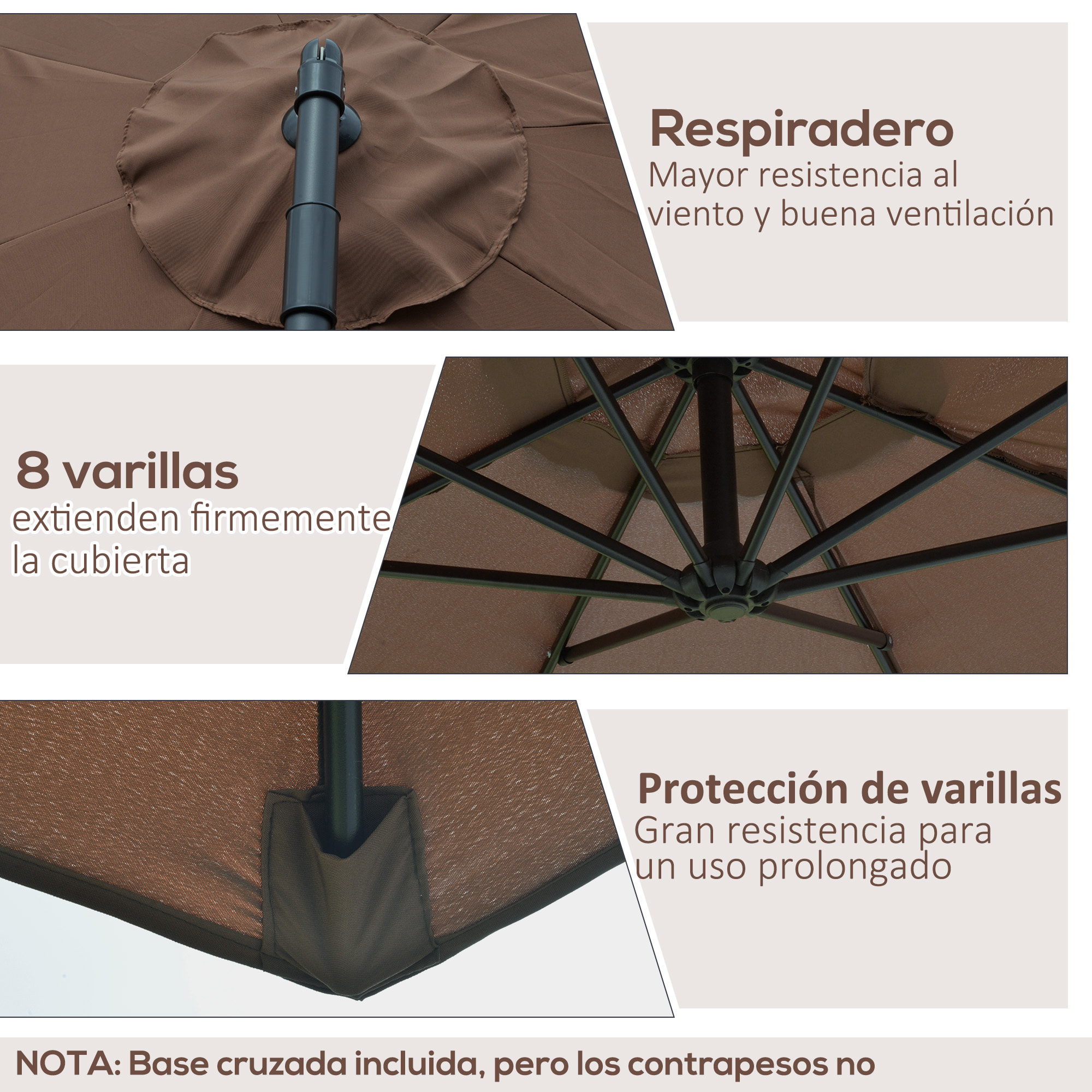 Parasol Excéntrico Ø 295 cm Sombrilla de Jardín con Ángulo Ajustable Base Cruzada y Manivela Sombrilla para Terraza Patio Café