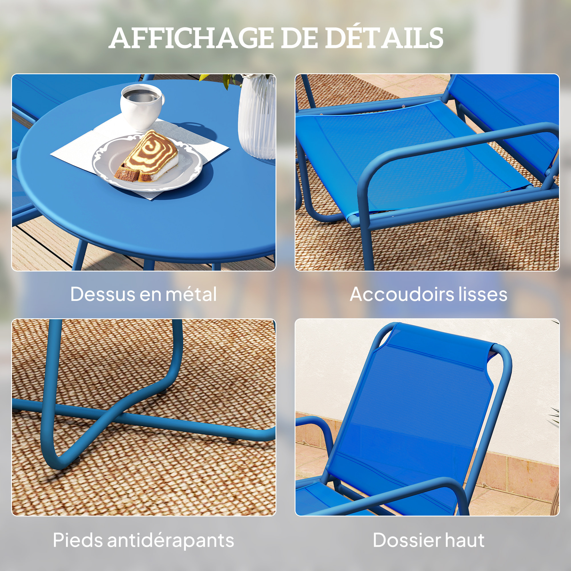 Ensemble salon de jardin 3 pcs 2 fauteuils et table ronde bleu