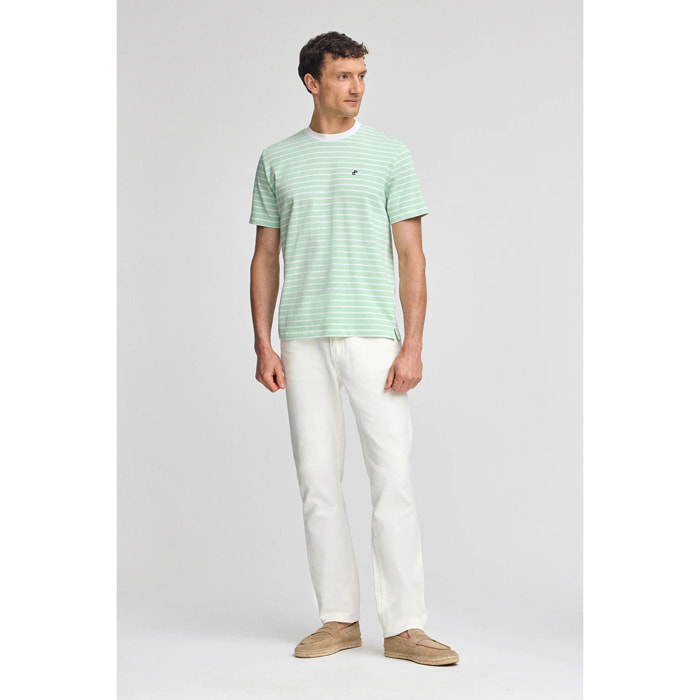 Maglietta a righe menta e beige con monogramma ricamato