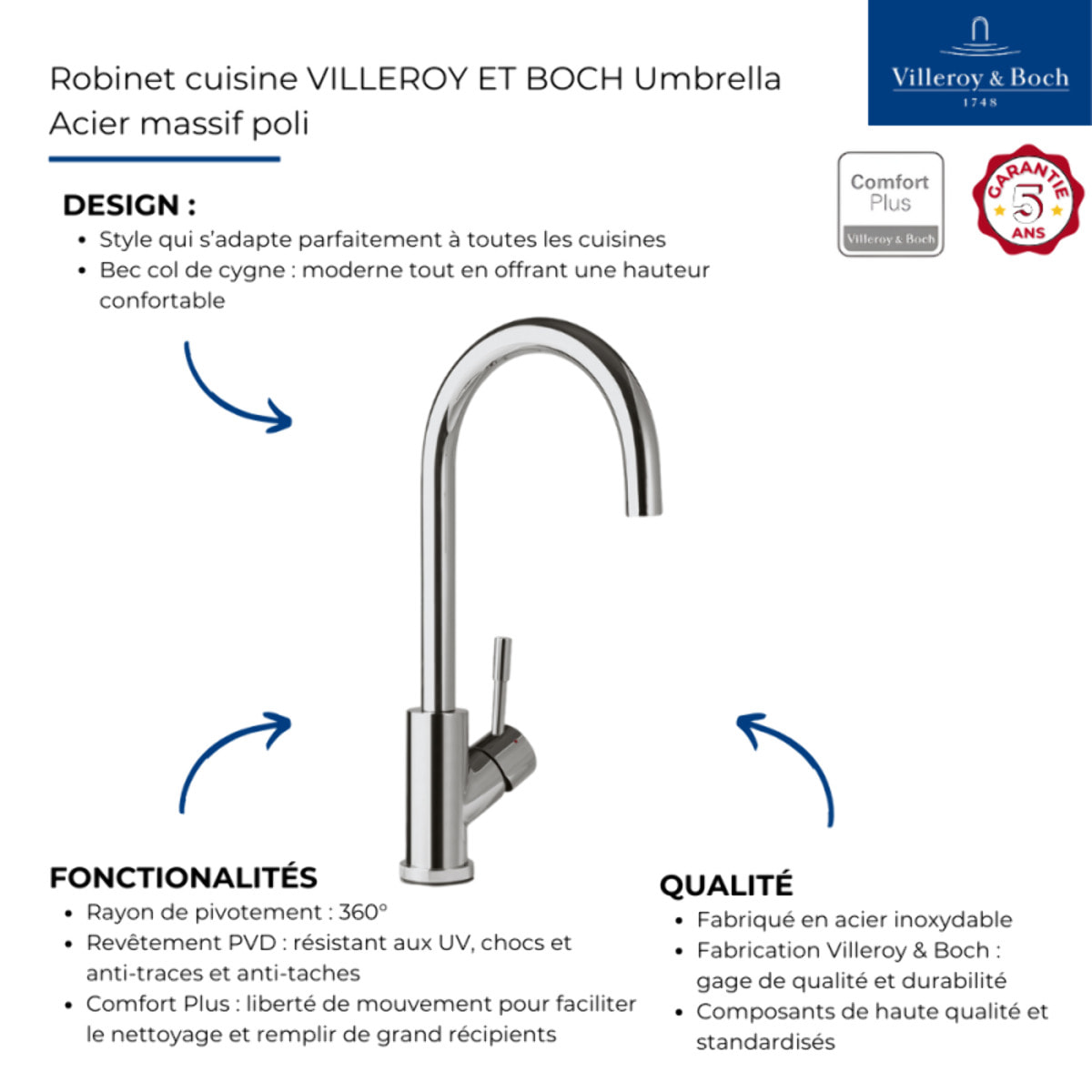 Robinet cuisine Umbrella acier massif poli