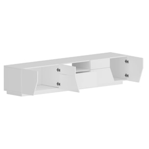 Mobile da soggiorno Porta TV, Made in Italy, Supporto per TV da salotto a 4 ante geometriche e 1 cassetto, Cm 220x43h46, Bianco lucido