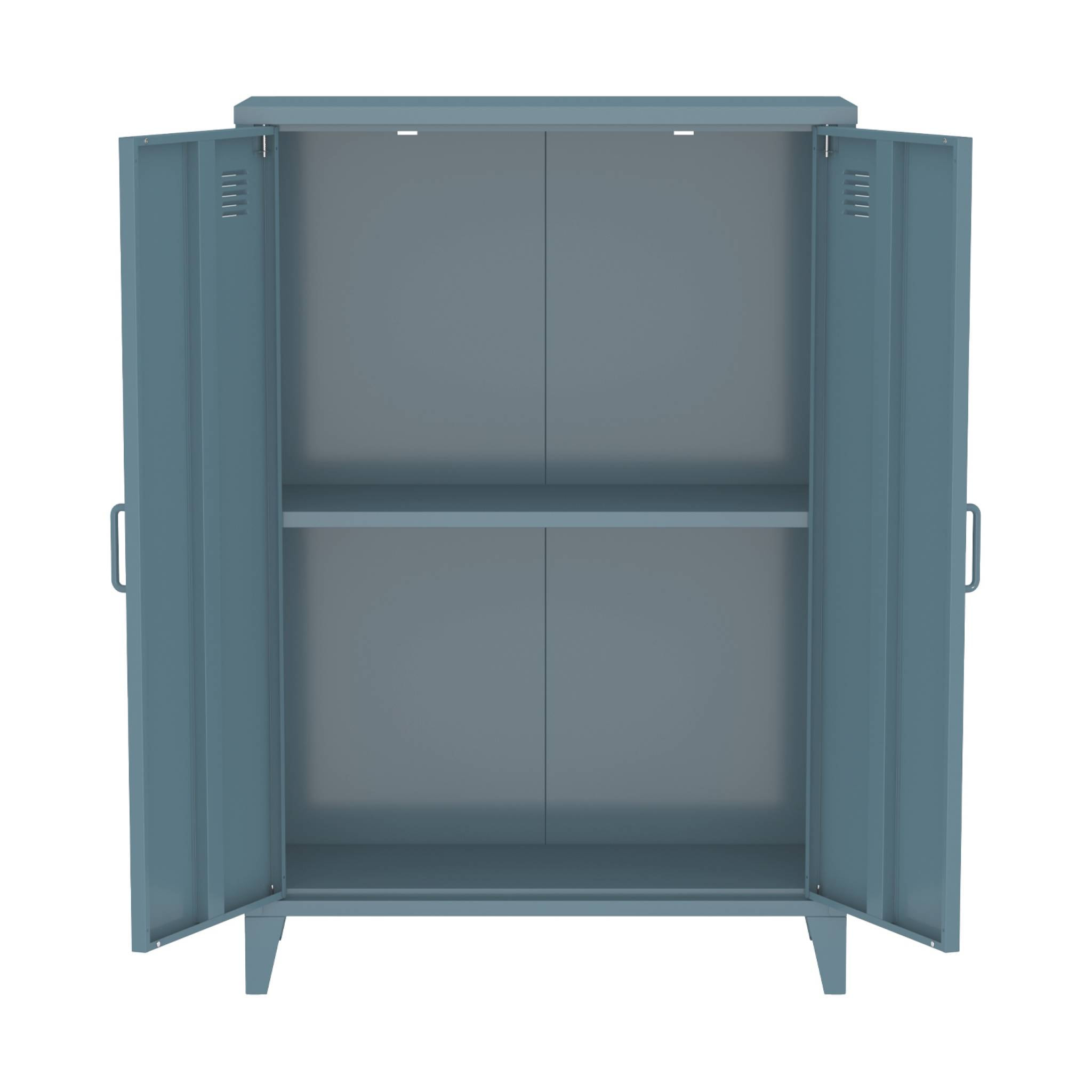 Commode/armoire en métal bleu. 2 espaces de rangement. casiers