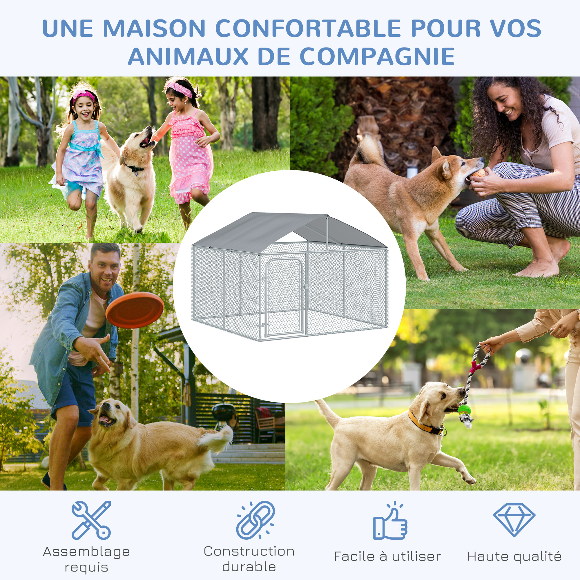 Chenil extérieur avec toit pour chien 5 m² - parc grillagé 230 x 230 x 175 cm - espace couvert - acier galvanisé