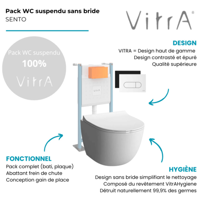 Pack WC suspendu VITRA Sento blanc + bâti autoportant V-Fix Core + Plaque Round Noir mat