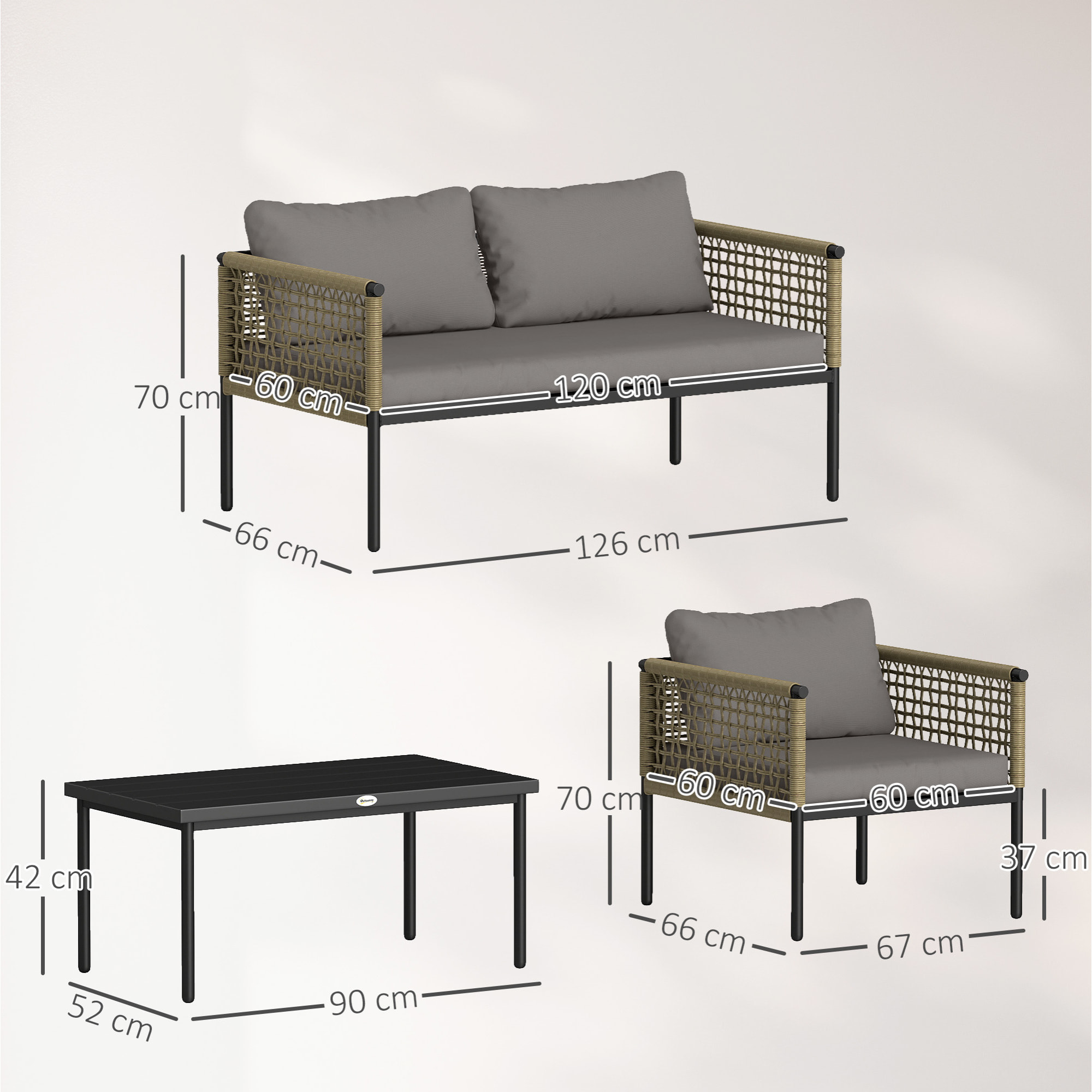 Conjunto de Jardín Exterior de Ratán Sintético de 4 Piezas Muebles de Jardín Exterior Incluye 1 Sofá Doble 2 Sillones y Mesa de Centro con Cojines Natural y Gris