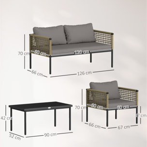 Conjunto de Jardín Exterior de Ratán Sintético de 4 Piezas Muebles de Jardín Exterior Incluye 1 Sofá Doble 2 Sillones y Mesa de Centro con Cojines Natural y Gris