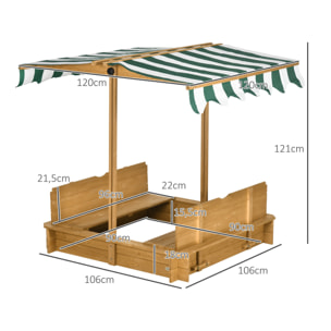 Outsunny Arenero para Niños de Madera Arenero Infantil con Toldo Ajustable en Altura 2 Bancos y Respaldos Desmontables para Patio Jardín 106x106x121 cm Natural y Rayas Verdes