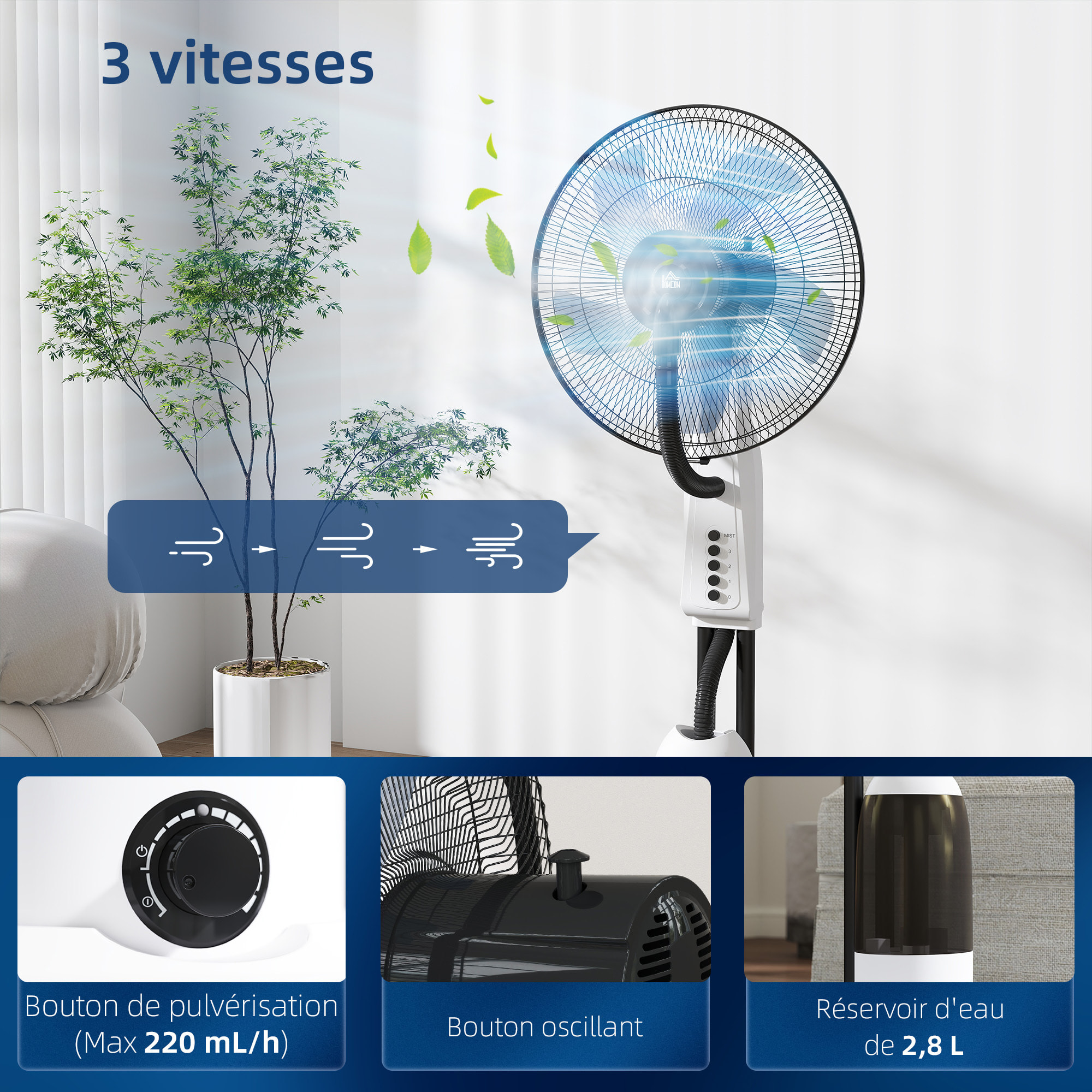 Ventilateur brumisateur sur roulettes - oscillant silencieux 90 W - 4 vitesses - dim. Ø 44 x 120H cm noir blanc