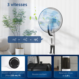 Ventilateur brumisateur sur roulettes - oscillant silencieux 90 W - 4 vitesses - dim. Ø 44 x 120H cm noir blanc