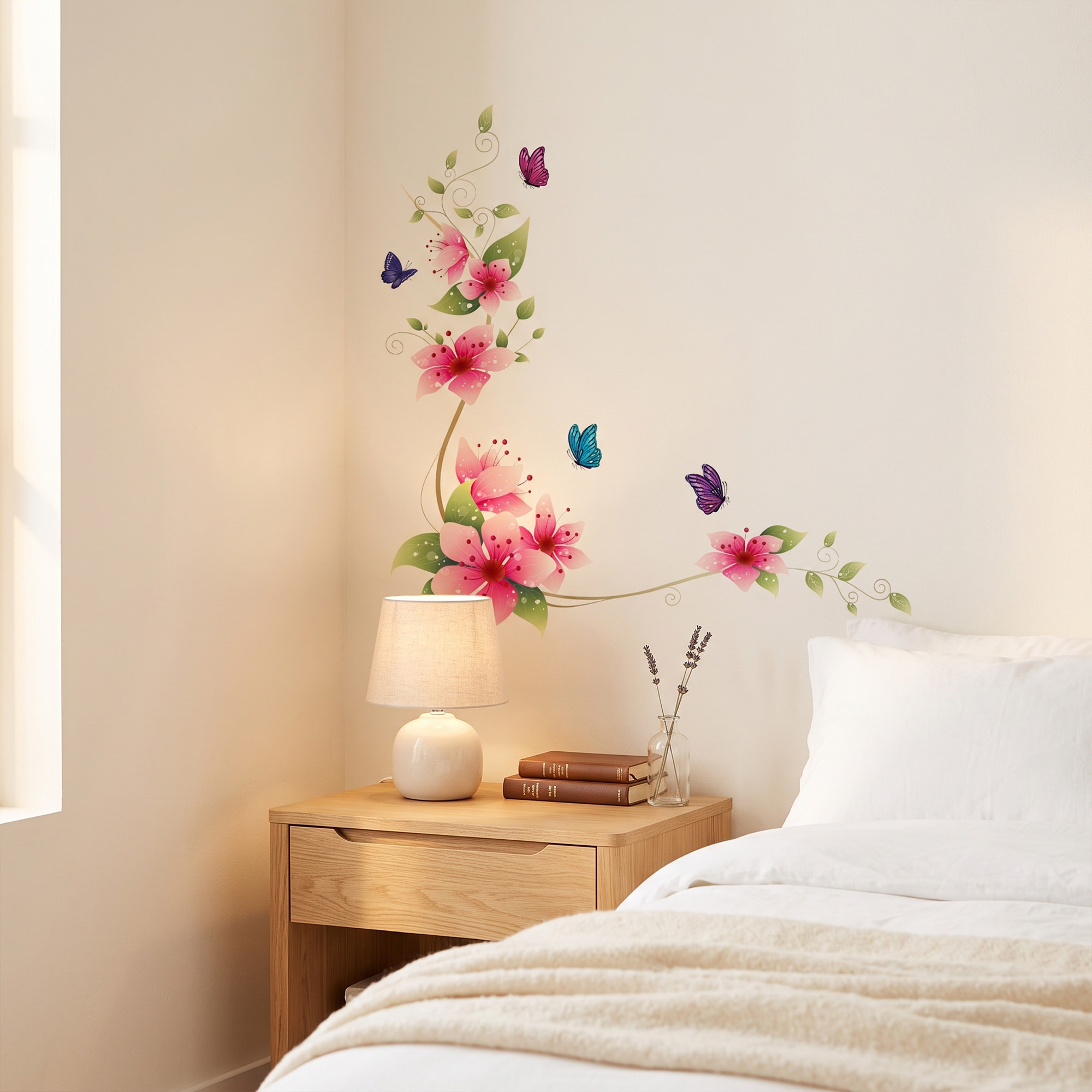 Stickers Muraux décoration adhésifs fleurs roses et papillons
