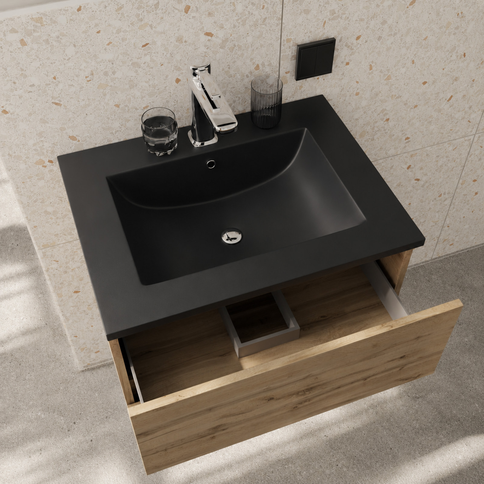 Pack Meuble Salle de Bains 50cm Chêne Naturel 3 Tiroirs avec Vasque Céramique Noire - TIMBER