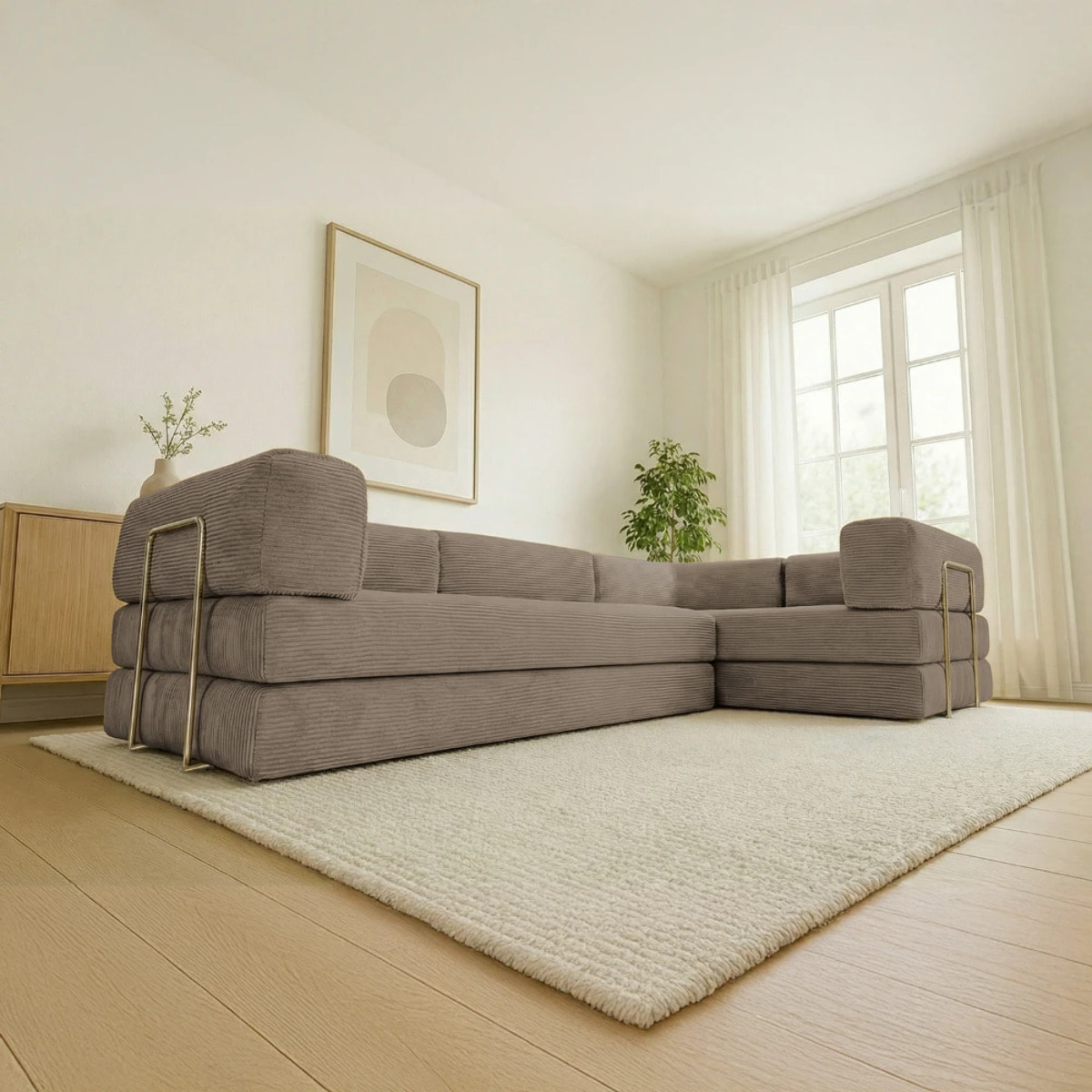 TRENDY - Canapé compressé 5 places angle modulable en velours côtelé taupe