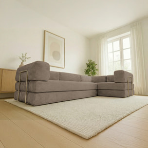 TRENDY - Canapé compressé 5 places angle modulable en velours côtelé taupe