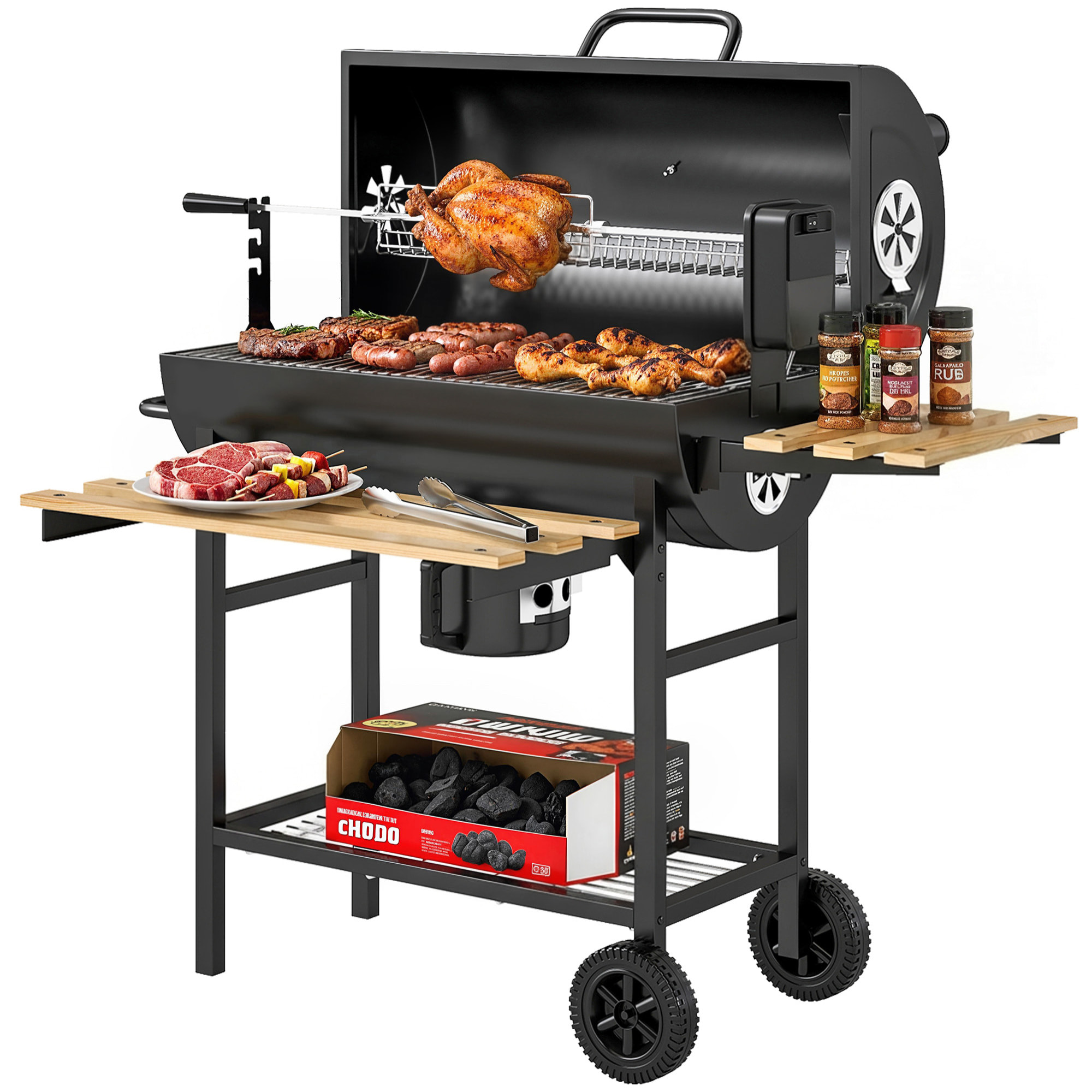 Barbacoa de Carbón Portátil, Barbacoa Carbón Barril Móvil con Asador Eléctrico, Estantes Plegables, Rejilla de Calentamiento, Termómetro, Ventilaciones Ajustables, Recoge Cenizas, Ruedas, Asa