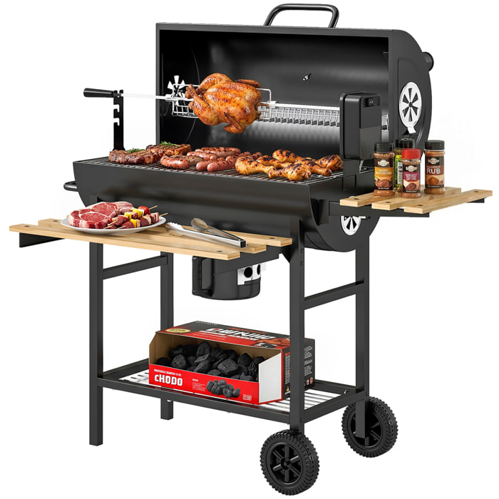 Barbacoa de Carbón Portátil, Barbacoa Carbón Barril Móvil con Asador Eléctrico, Estantes Plegables, Rejilla de Calentamiento, Termómetro, Ventilaciones Ajustables, Recoge Cenizas, Ruedas, Asa