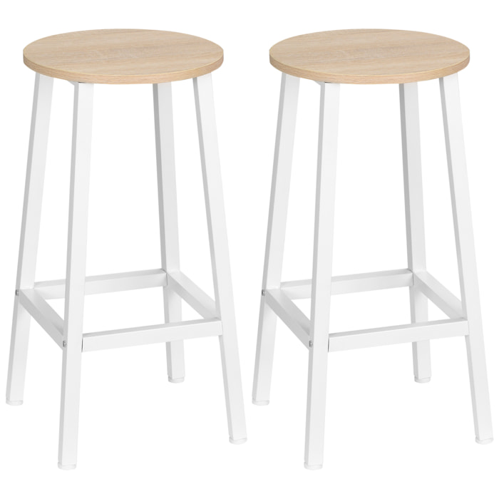 HOMCOM Juego de 2 Taburetes Altos de Cocina Taburetes de Bar con Patas de Acero y Reposapiés para Salón Comedor Bar Carga 75 kg 32,5x32,5x65 cm Natural y Blanco