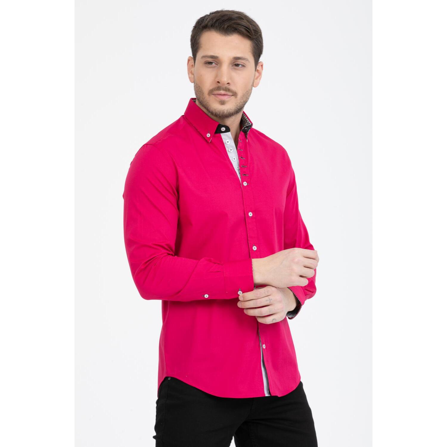 Camicia Uomo 1 Bottoni Button Down Slim Popeline Stretch Unito Fucsia