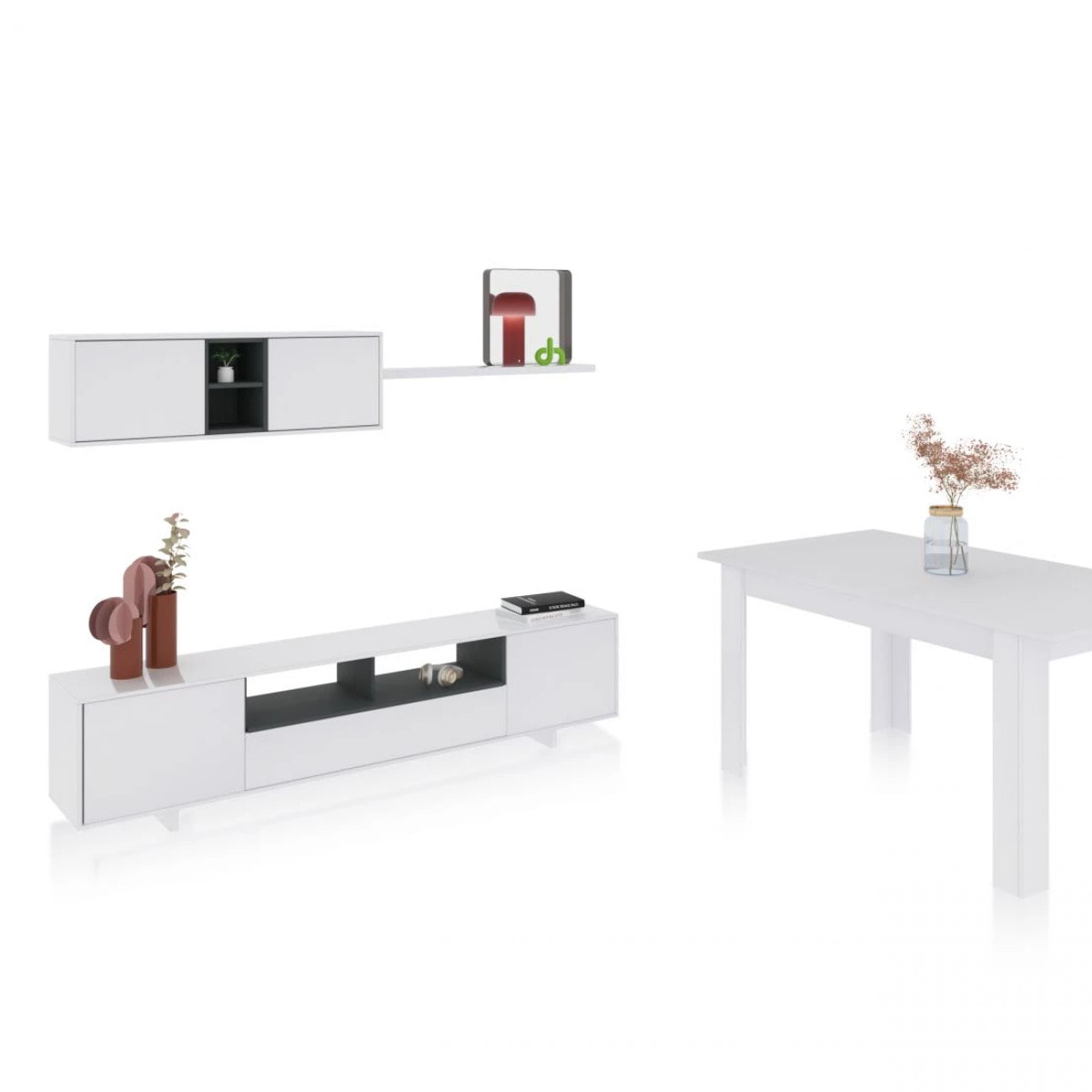 Pack salón con mesa de comedor Kenzo Plus VA Blanco Brillo - Gris Antracita