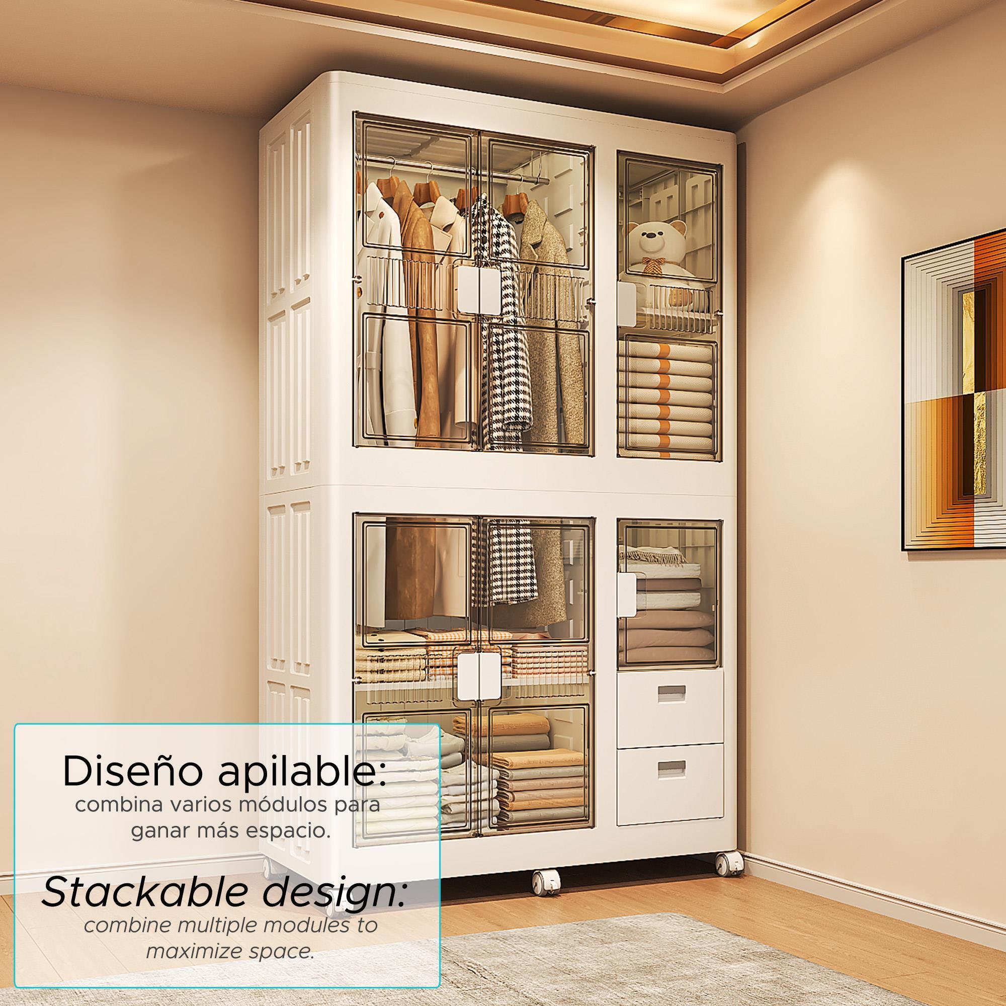 Armario plegable con Ruedas 2 Compartimentos y 2 Cajones en color Blanco 100x46,5x96,5cm