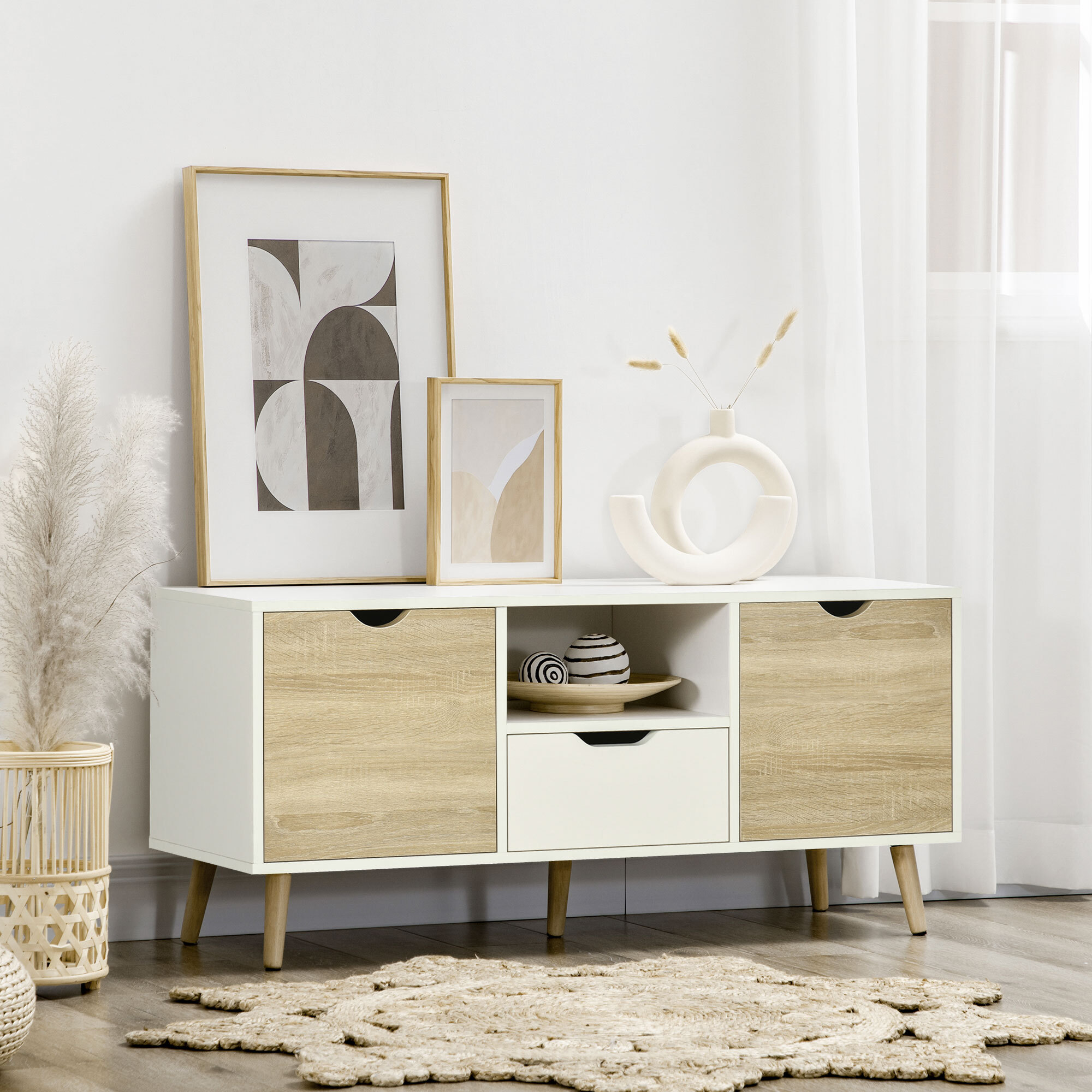 Meuble TV banc TV style scandinave 2 portes tiroir niche piètement bois de pin panneaux blanc aspect chêne clair