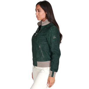 Bomber in pelle scamosciata verde collo in lana merino