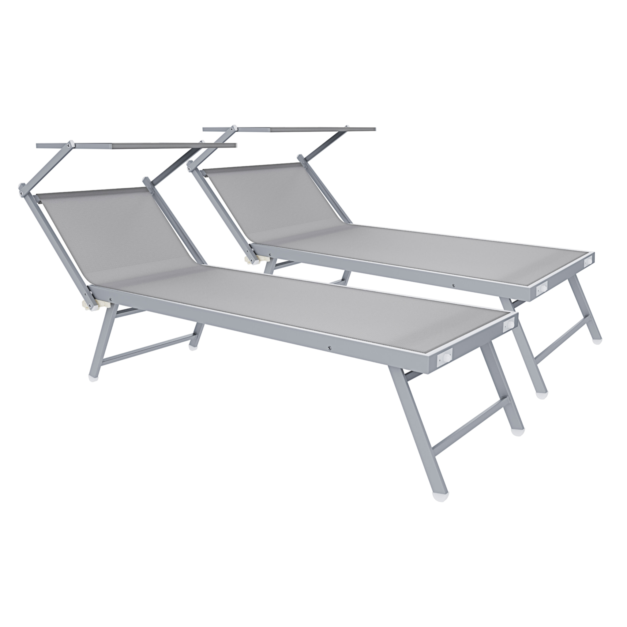 Coppia Di Lettini Prendisole Pieghevole Professionale in Alluminio e Tessuto Textilene Tettuccio Parasole Sdraio Mare Spiaggia 182x60x38 cm Grigio
