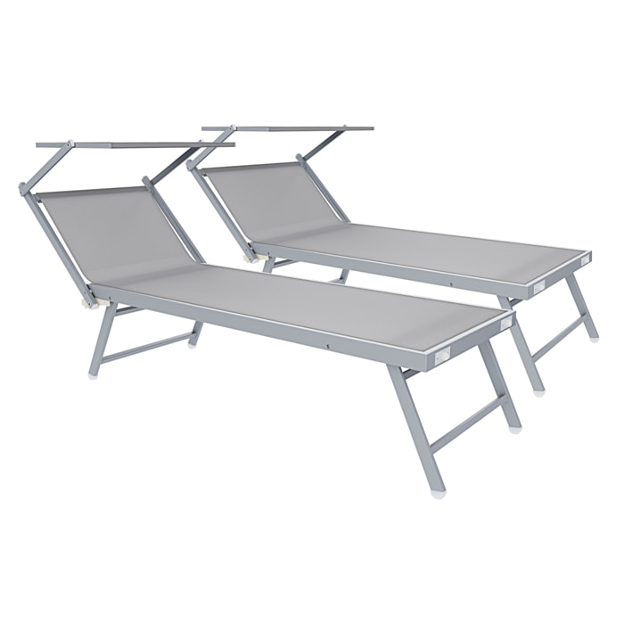 Coppia Di Lettini Prendisole Pieghevole Professionale in Alluminio e Tessuto Textilene Tettuccio Parasole Sdraio Mare Spiaggia 182x60x38 cm Grigio