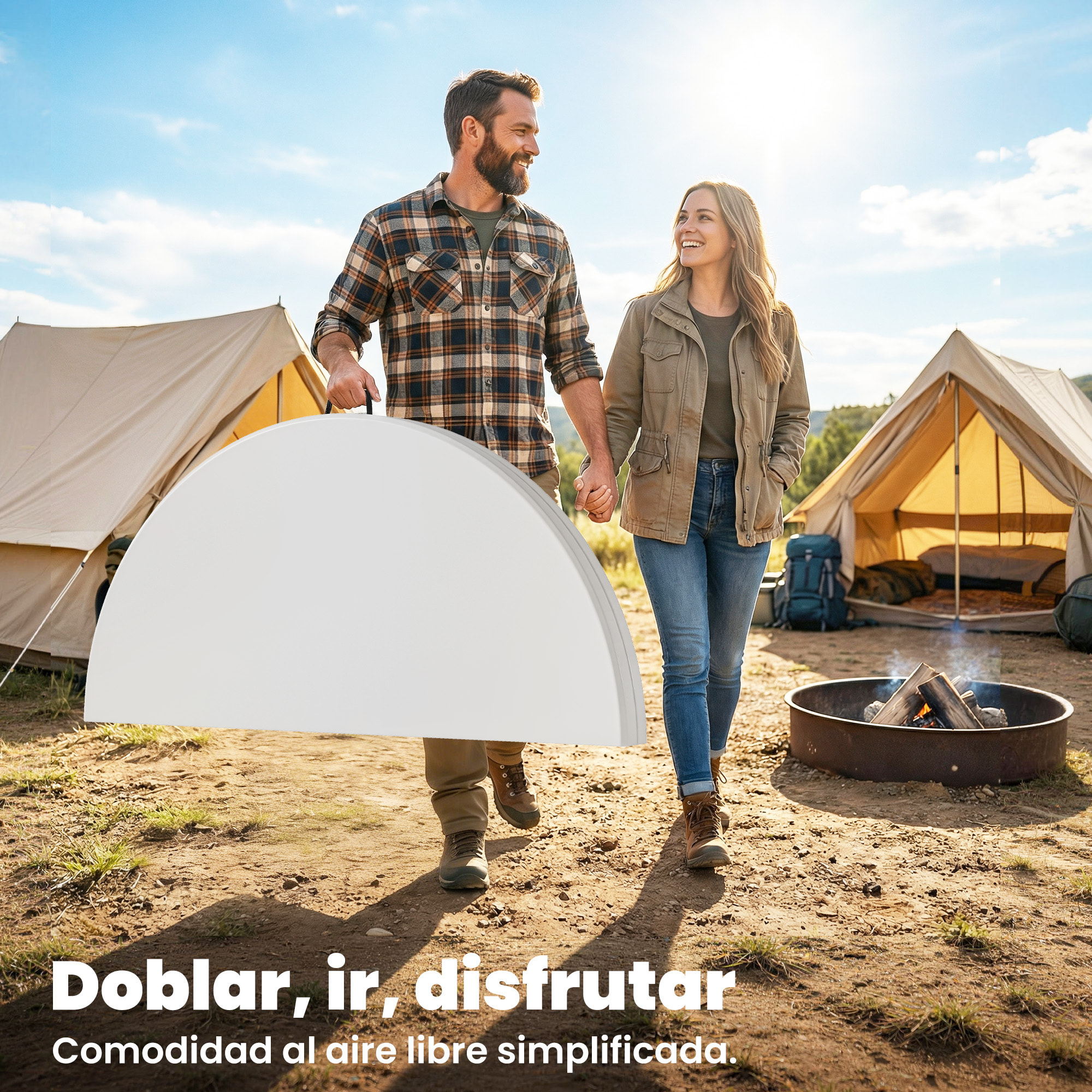 Mesa Plegable Camping, 120x120x74 cm, Mesa Plegable Portátil Ligera con Encimera de HDPE, Almohadillas Antideslizantes, Marco Metálico, para Acampar, Senderismo, Playa, Blanco