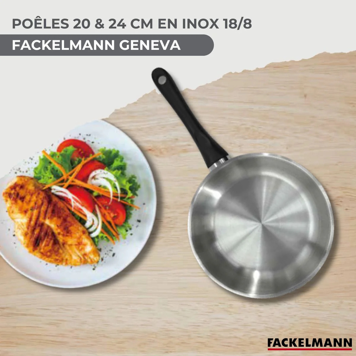 Set 2 poêles 20 et 24 cm en inox, couvercles verre et 6 ustensiles Fackelmann Geneva
