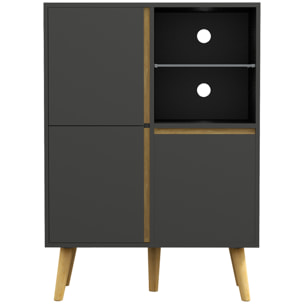 Meuble TV Hi-fi sur pied design scandinave 3 portes 3 étagères 2 niches verre trempé bois gris