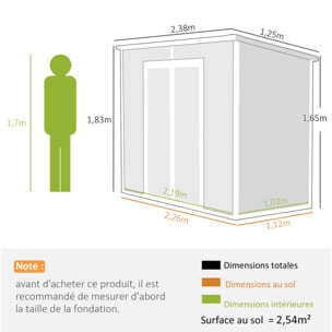 Abri de jardin 2,54 m² dim. 2,4 x 1,3 m - fondation incluse - fenêtre, 2 portes, aérations - alu PP gris blanc
