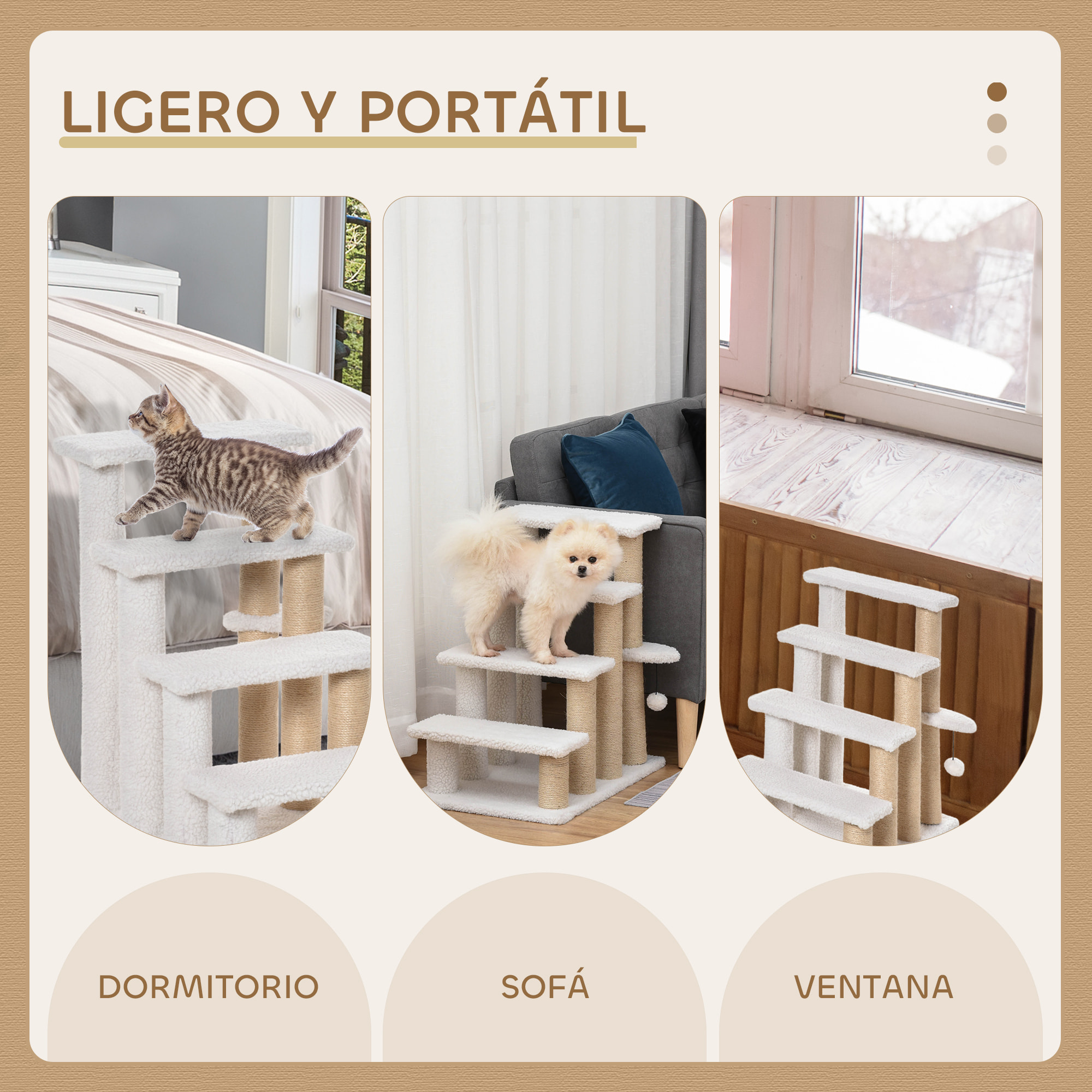 Escalera para Gatos de 4 Niveles, Escalera para Mascotas, Cubierto de Suave Felpa, Poste de Yute, Bola Colgante, Árbol Rascador para Gatos, 60x40x64 cm, Blanco