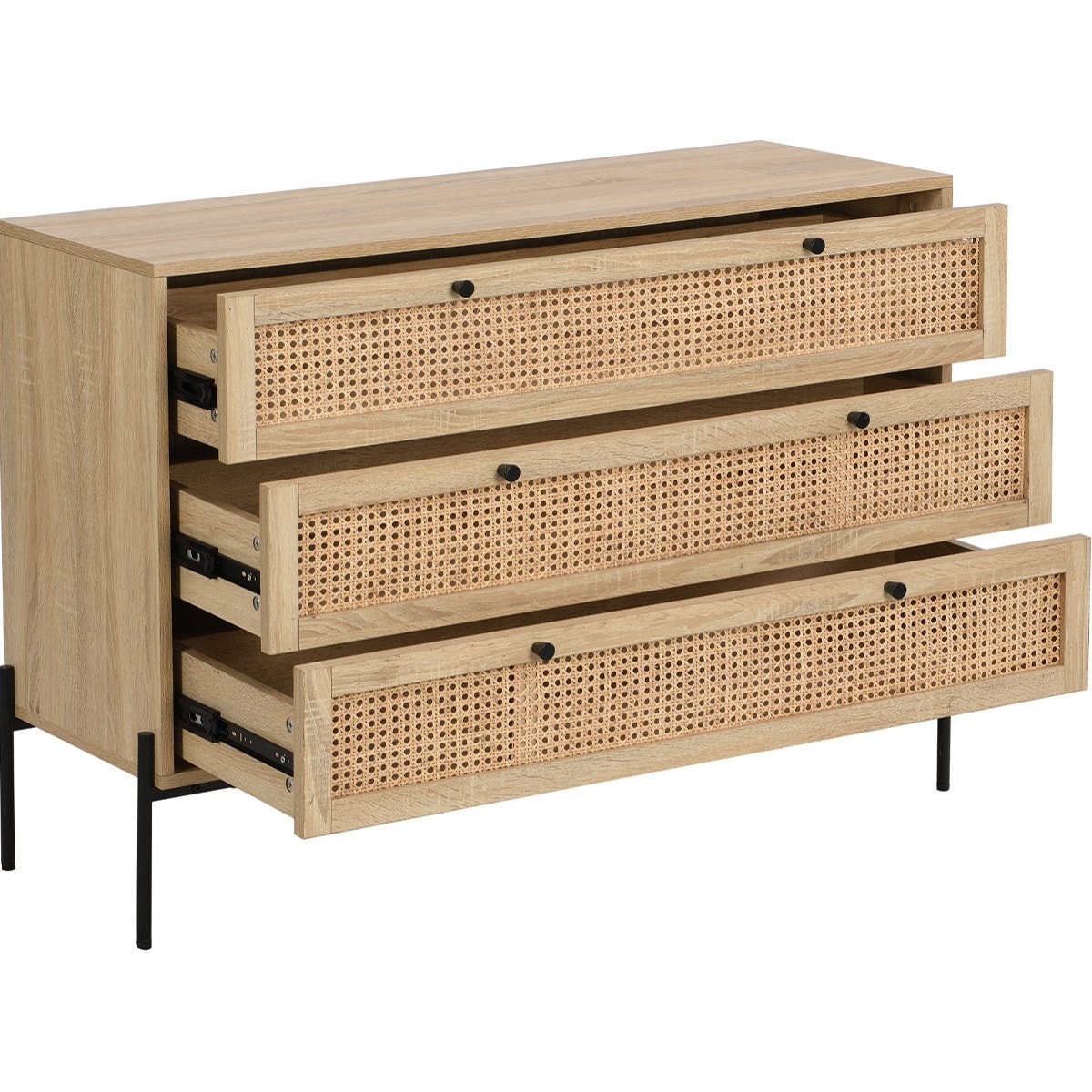 Commode 3 tiroirs en cannage et effet chêne - IRIS